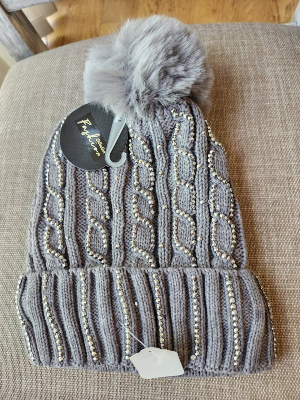 Hat Knit Cable Bling Rhnestones Chunky Beanie - Gray